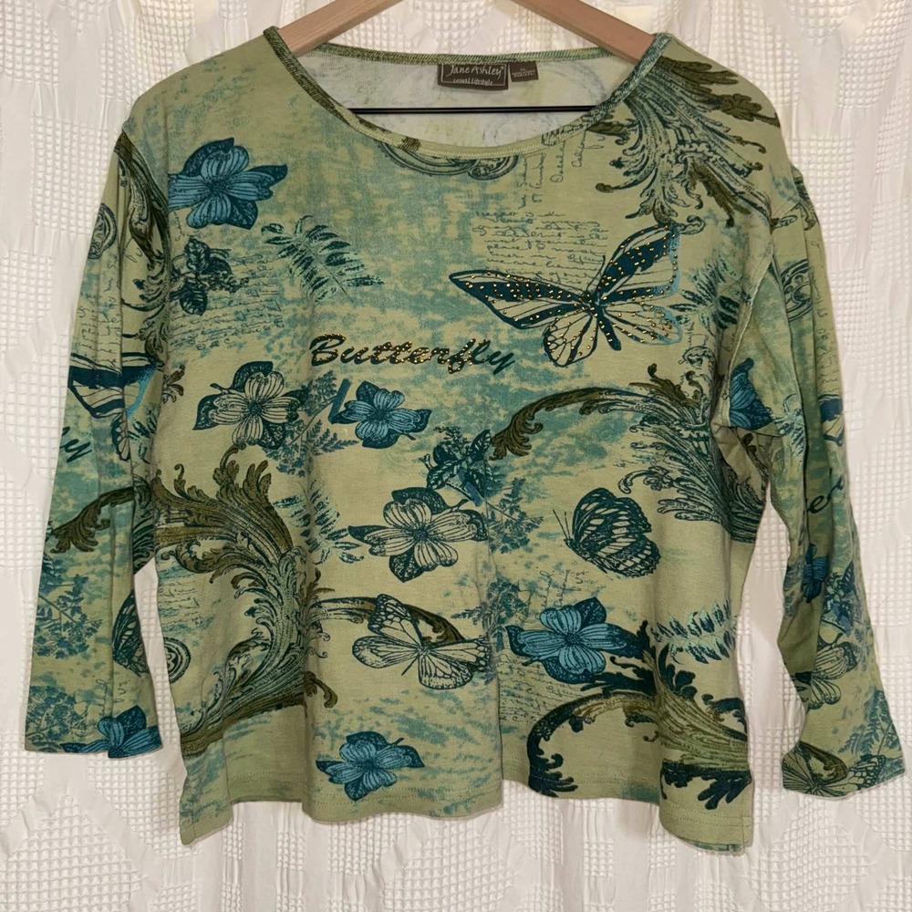 Jane Ashley Butterfly Floral Graphic Rhinestone Top Green 3/4 Sleeve XL Fairy